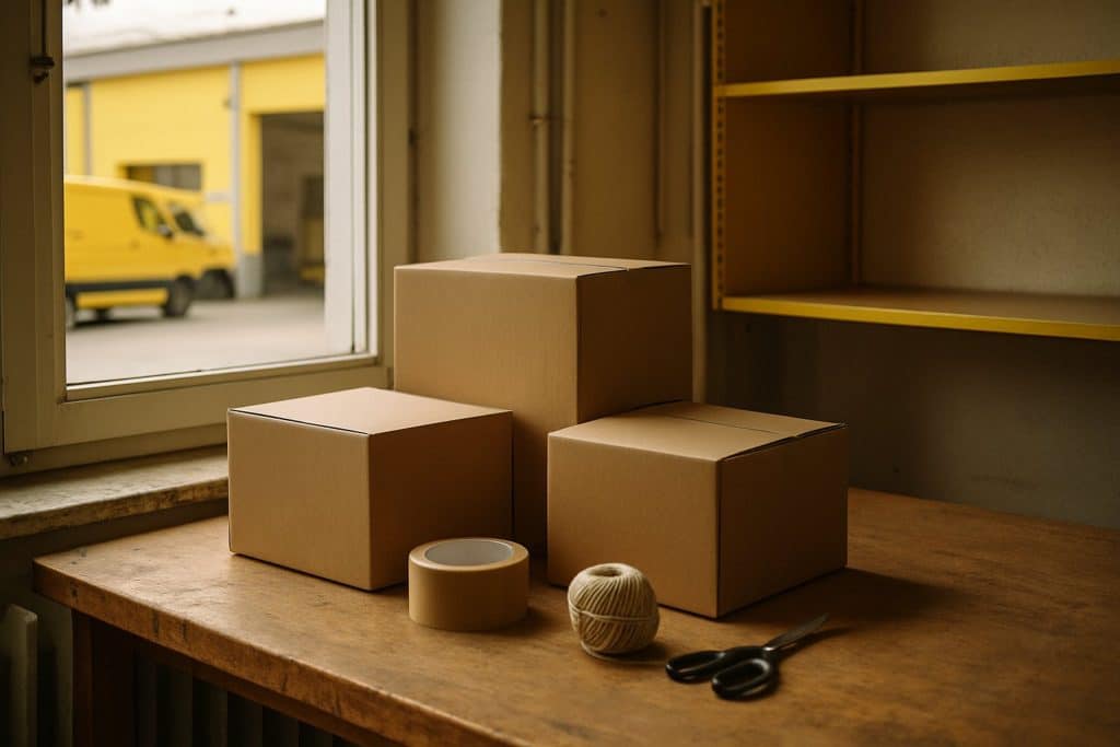 Drei unbeschriftete Pakete, Klebeband, Schnur und Schere auf einem Packtisch am Fenster