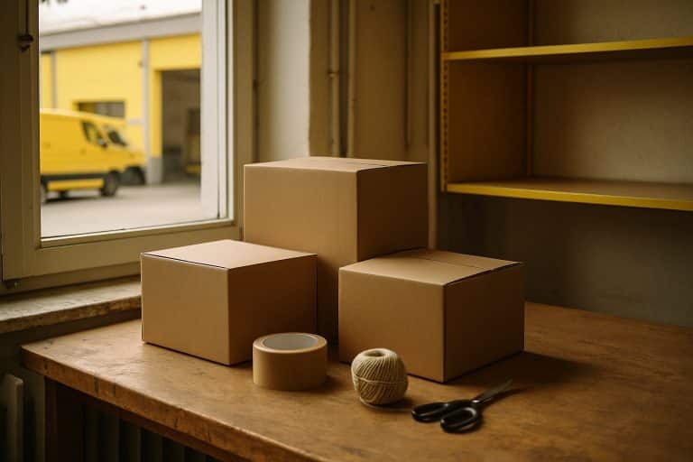 Drei unbeschriftete Pakete, Klebeband, Schnur und Schere auf einem Packtisch am Fenster