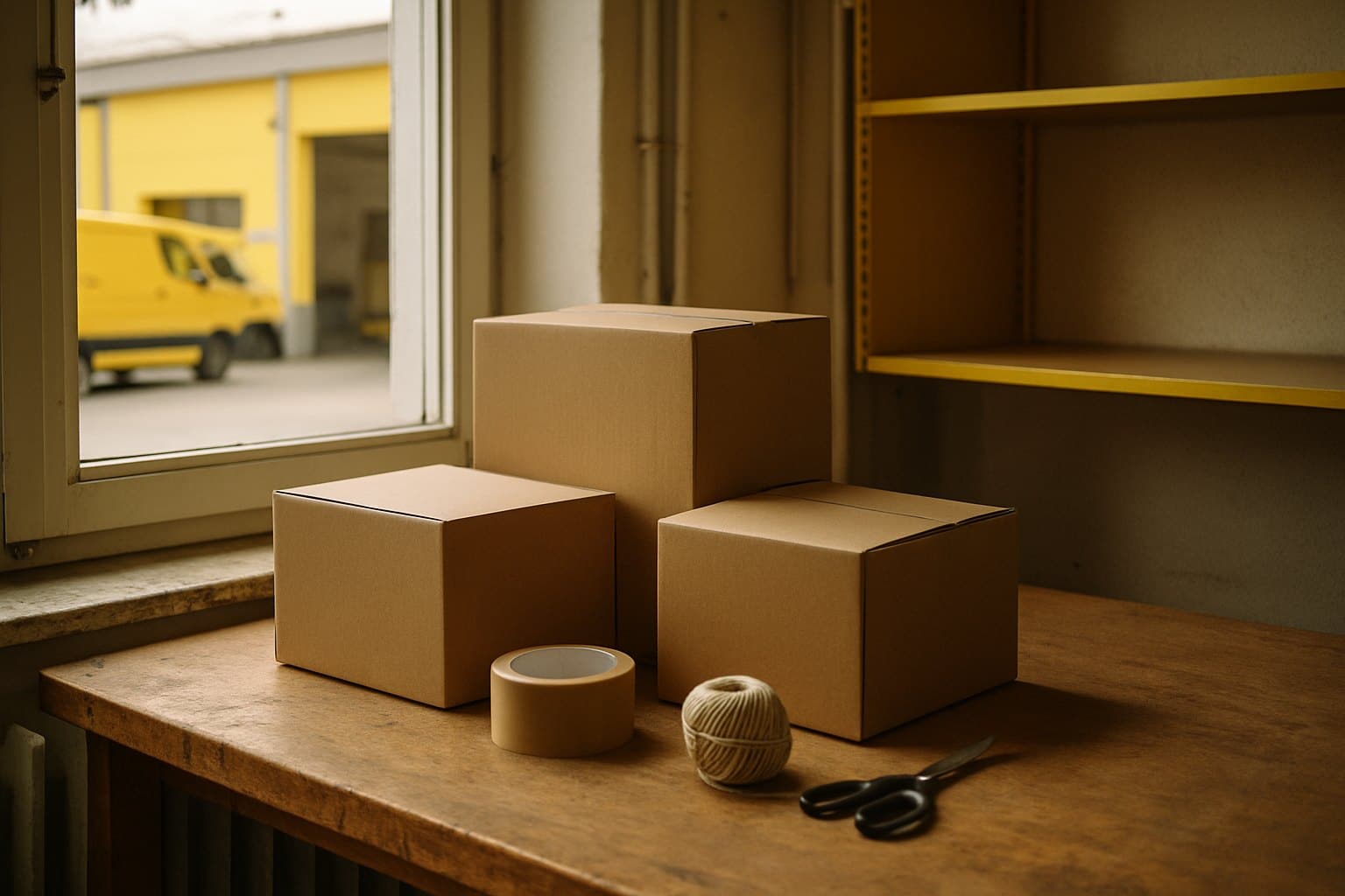 Drei unbeschriftete Pakete, Klebeband, Schnur und Schere auf einem Packtisch am Fenster