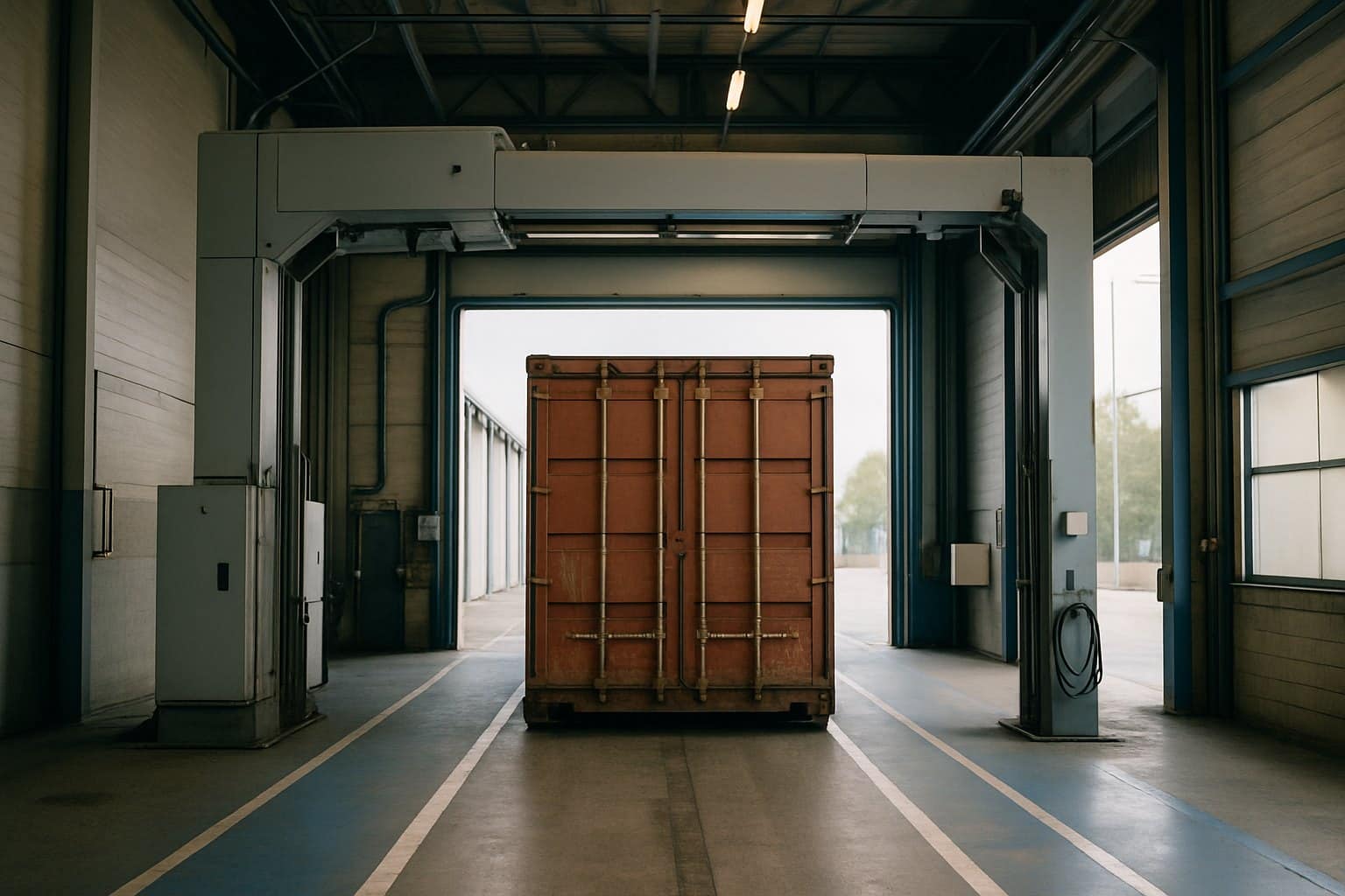 Seecontainer unter einer großen Durchleuchtungsanlage in einer Kontrollhalle