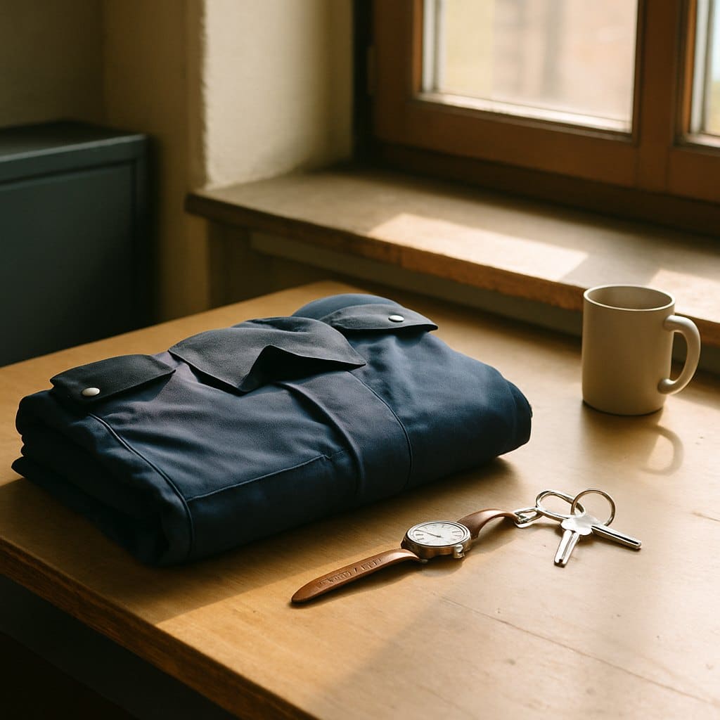 Zusammengelegte Uniformjacke, Armbanduhr und Schlüssel auf einem Schreibtisch im Nachmittagslicht