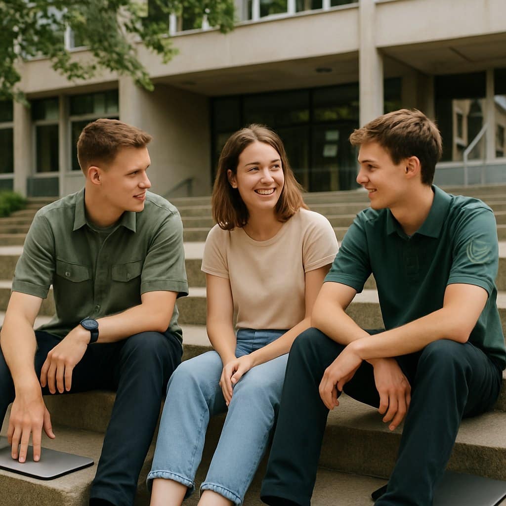Drei Studierende sitzen im Gespräch auf den Stufen vor einem modernen Hochschulgebäude