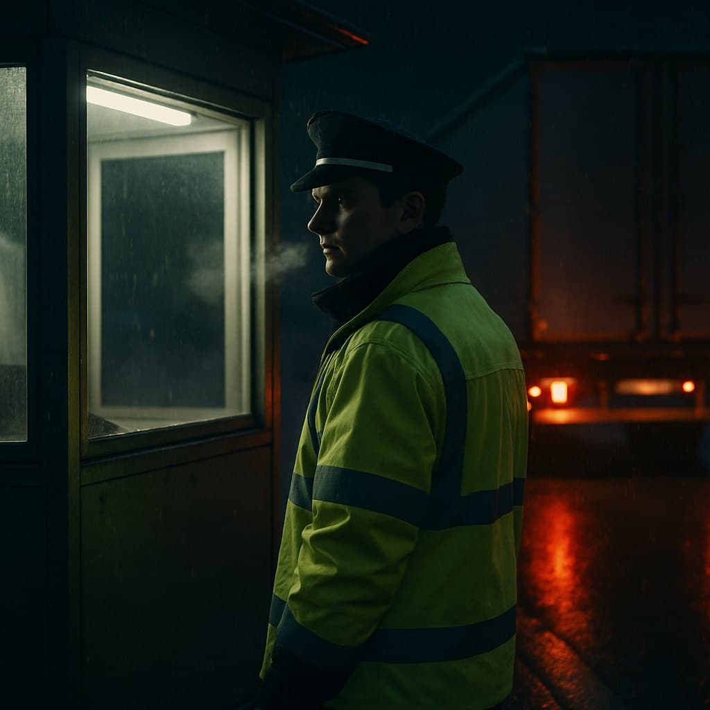 Beamter im Nachtdienst an einer Kontrollstelle, im Hintergrund ein wartender Lkw im Regen
