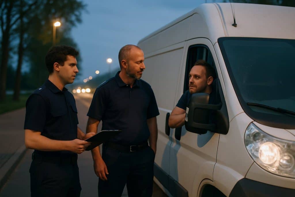 Zollkontrolle an einem Autobahnparkplatz in der Abenddämmerung: zwei Beamte im Gespräch mit einem Fahrer neben einem Lieferwagen